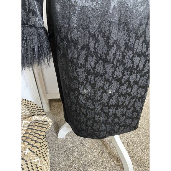 Vintage Black Jacquard Coat Jacket Faux Fur Trim Y2K Goth Whimsigoth Small - Picture 7 of 10